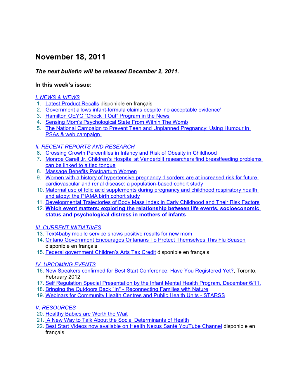 The Next Bulletin Will Be Released December 2, 2011