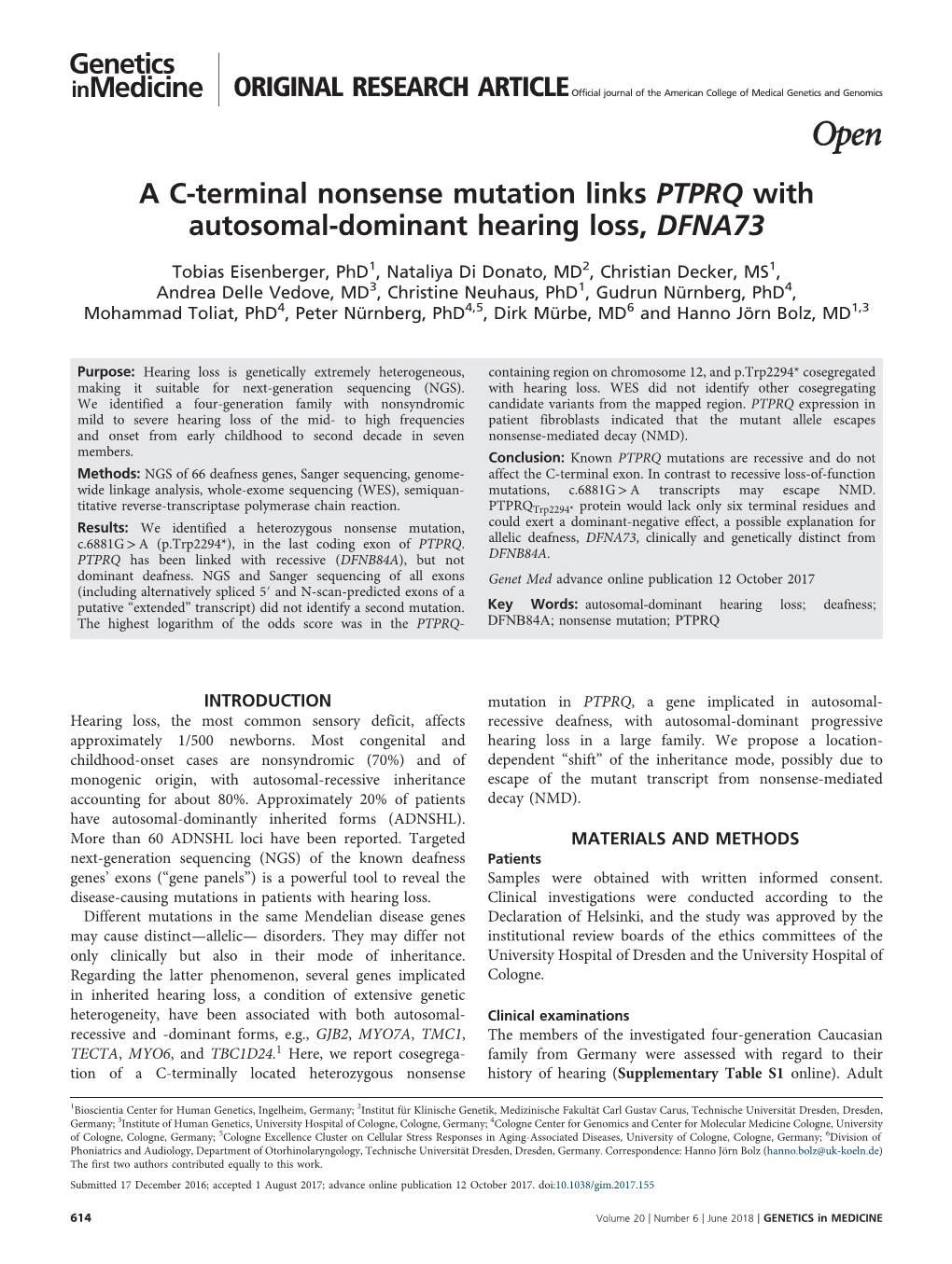 A C-Terminal Nonsense Mutation Links PTPRQ with Autosomal-Dominant Hearing Loss, DFNA73