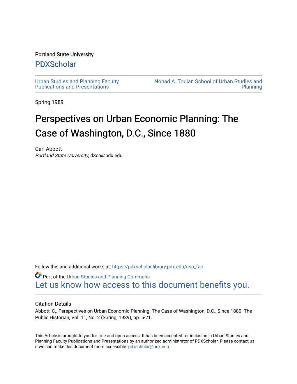 Perspectives on Urban Economic Planning: the Case of Washington, D.C., Since 1880