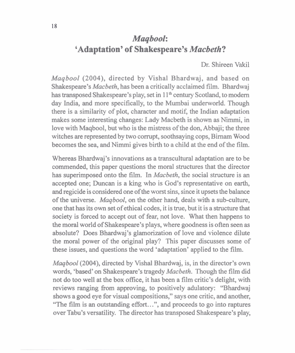 Maqbool: 'Adaptation' of Shakespeare's Macbeth? Dr