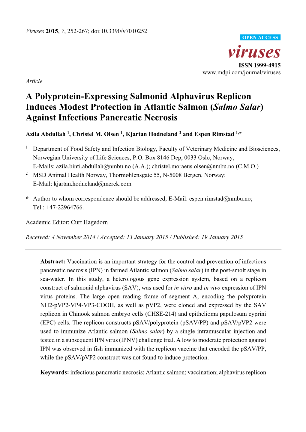 A Polyprotein-Expressing Salmonid Alphavirus Replicon Induces Modest Protection in Atlantic Salmon (Salmo Salar) Against Infectious Pancreatic Necrosis