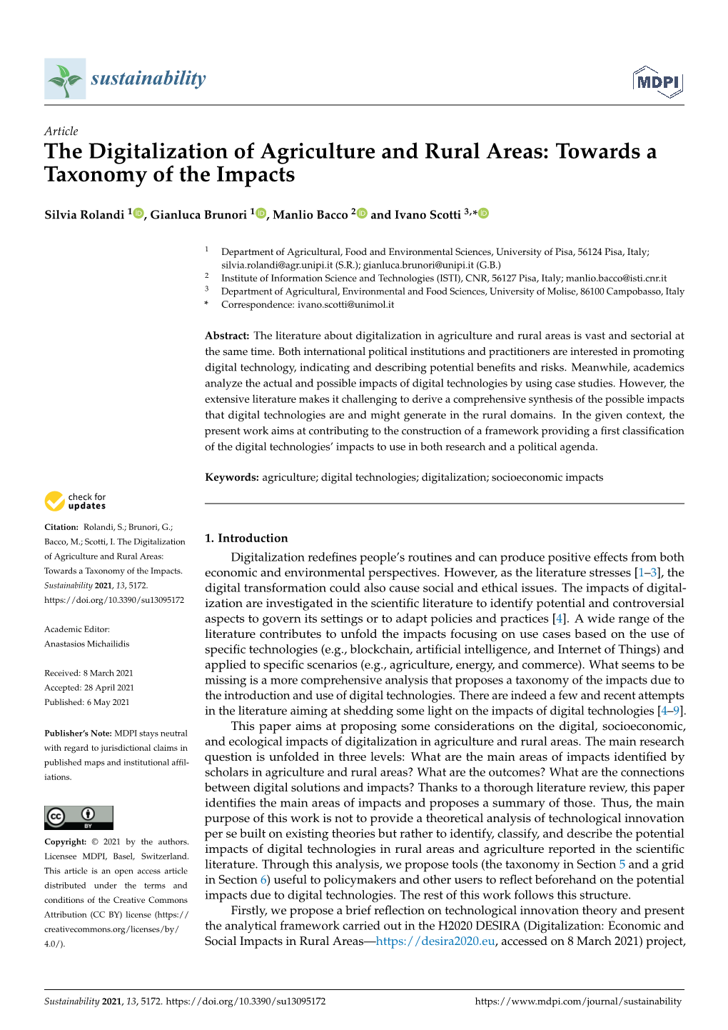 The Digitalization of Agriculture and Rural Areas: Towards a Taxonomy of the Impacts