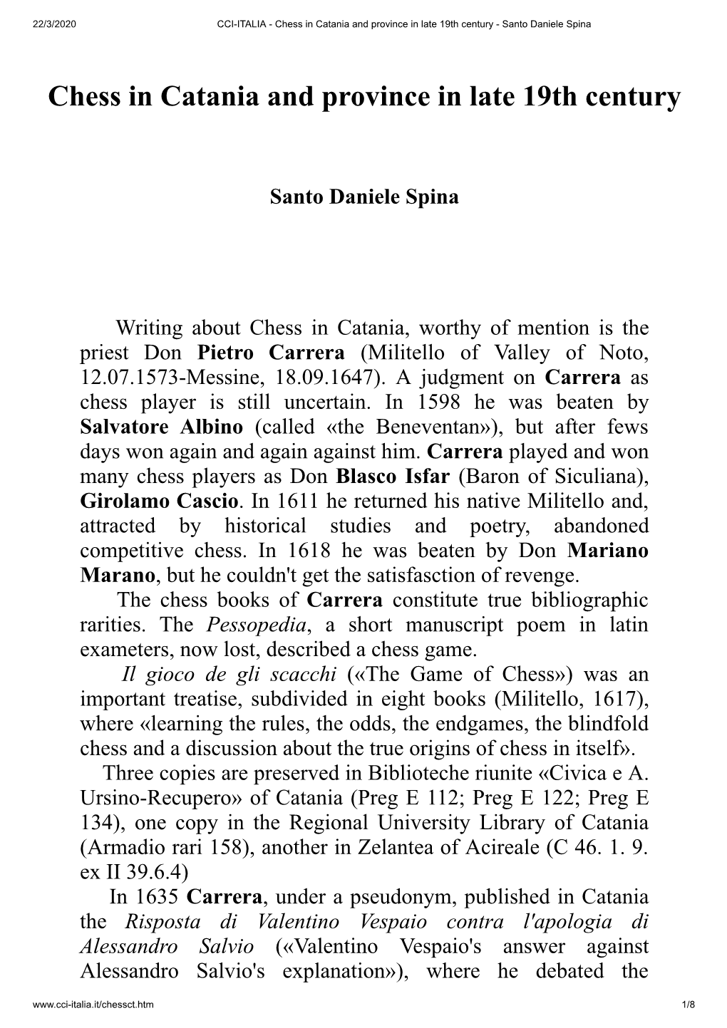 Chess in Catania and Province in Late 19Th Century - Santo Daniele Spina