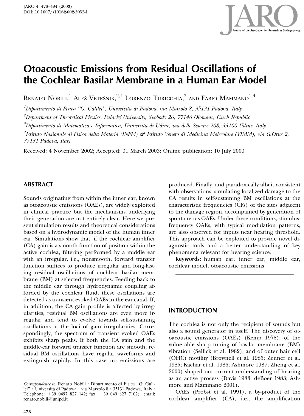 Otoacoustic Emissions from Residual Oscillations of the Cochlear Basilar Membrane in a Human Ear Model