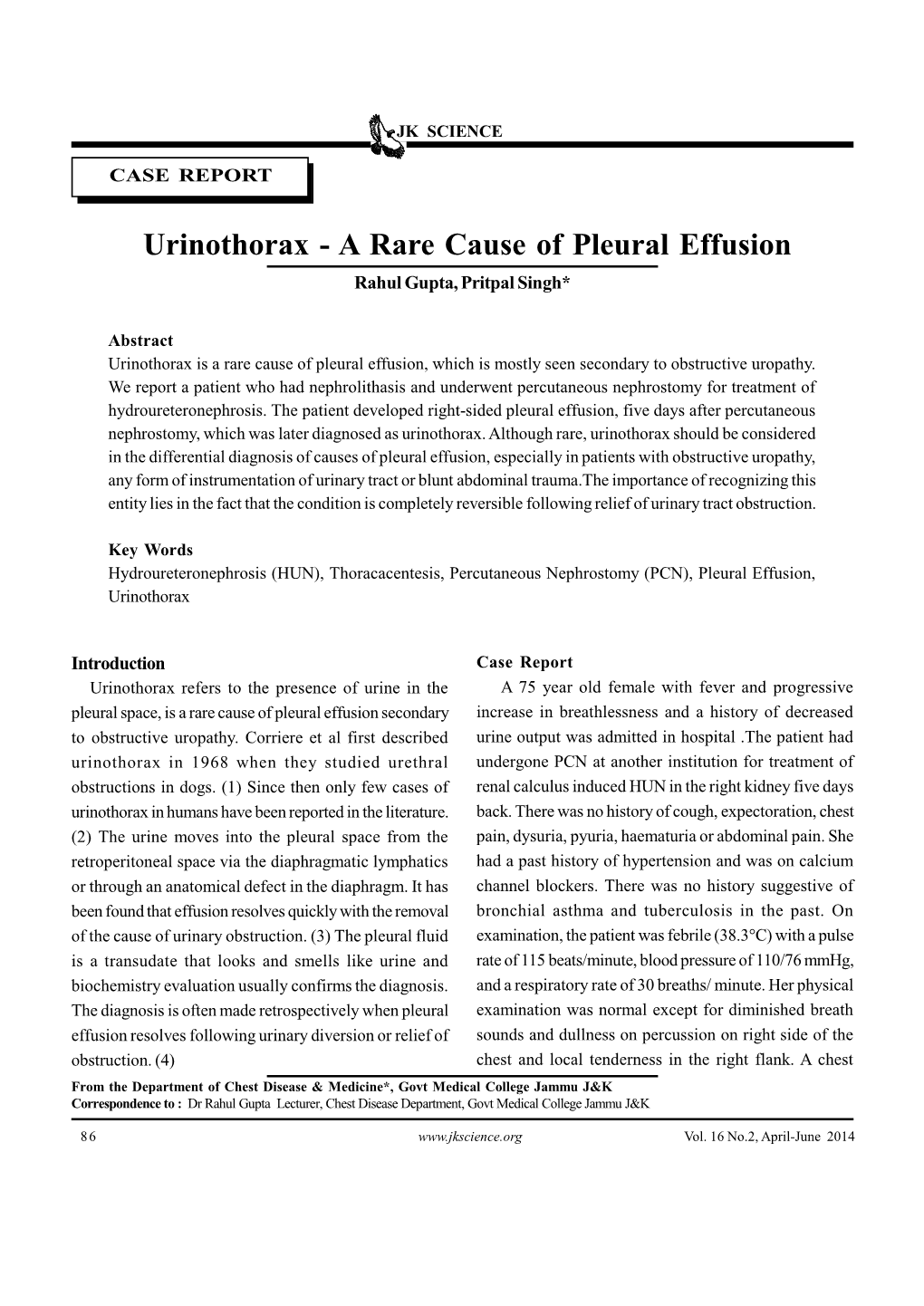 A Rare Cause of Pleural Effusion Rahul Gupta, Pritpal Singh*