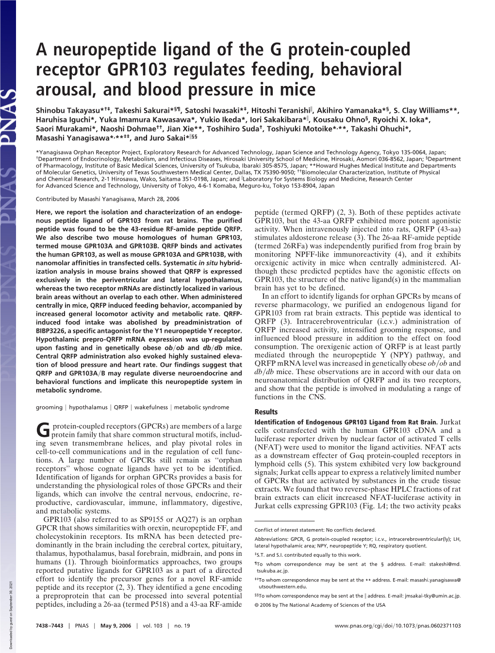 A Neuropeptide Ligand of the G Protein-Coupled Receptor GPR103 Regulates Feeding, Behavioral Arousal, and Blood Pressure in Mice