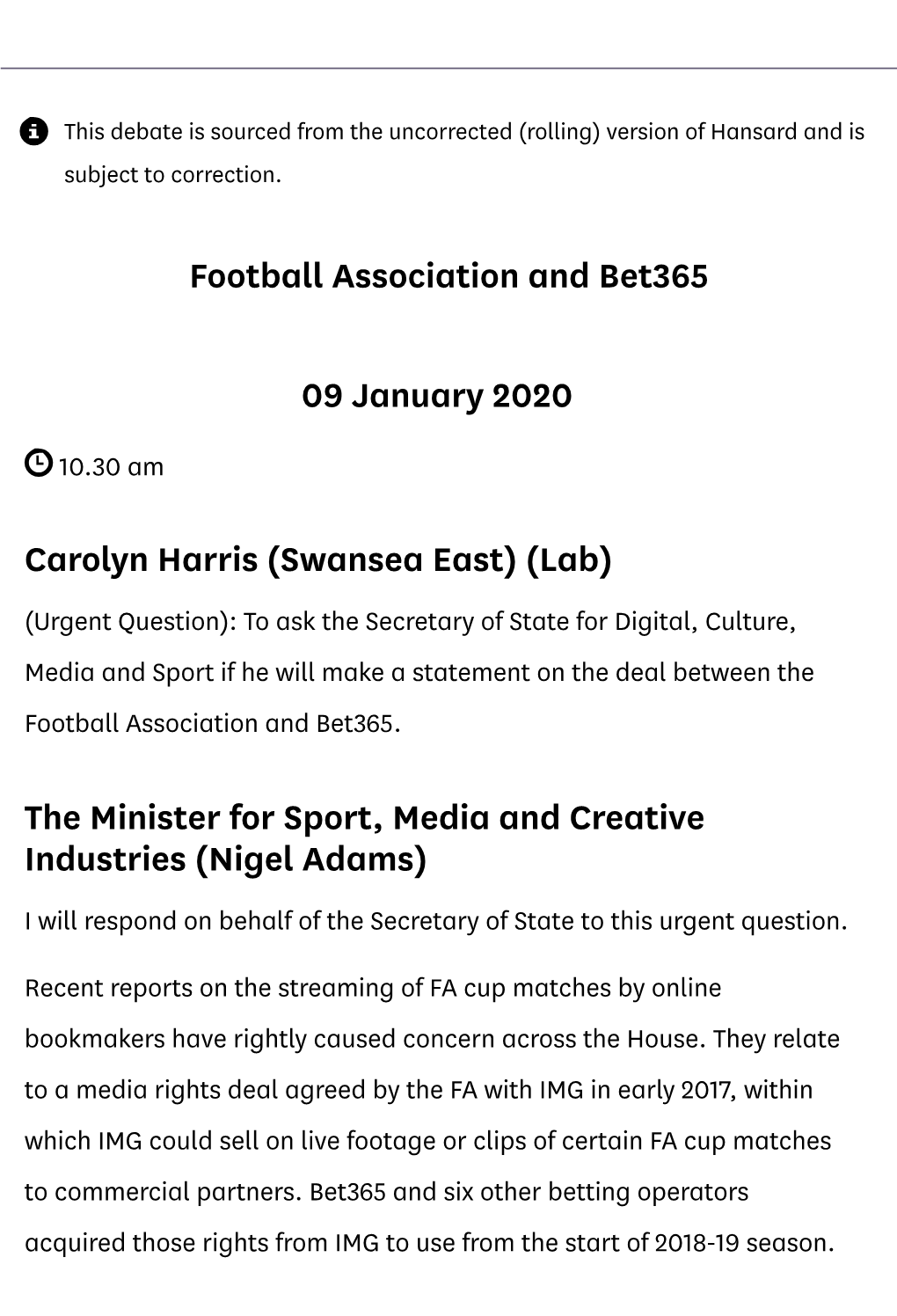 Football Association and Bet365 09 January 2020 Carolyn Harris