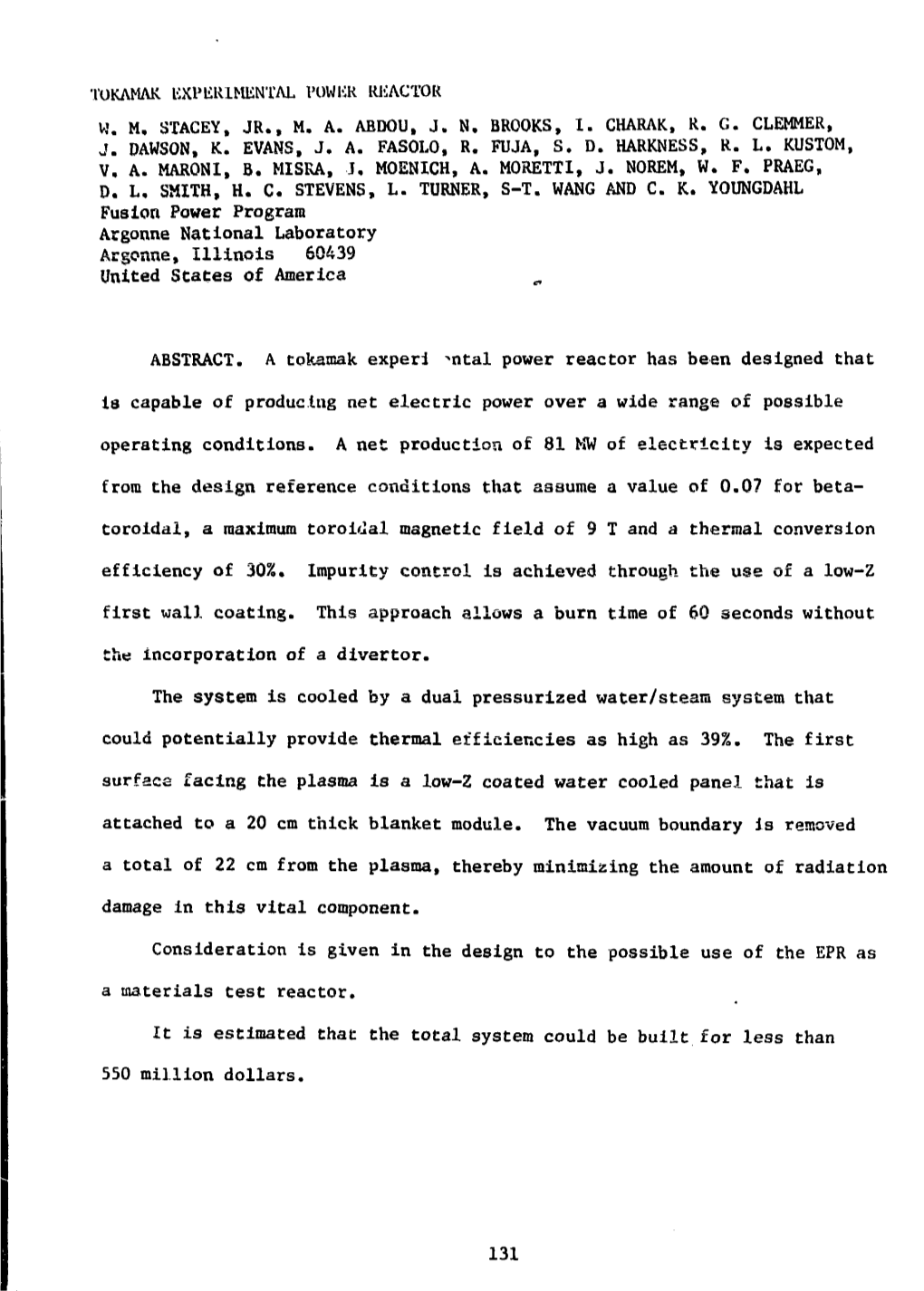 Tokamak Experimental Power Reactor Wm Stagey, Jr., Ma