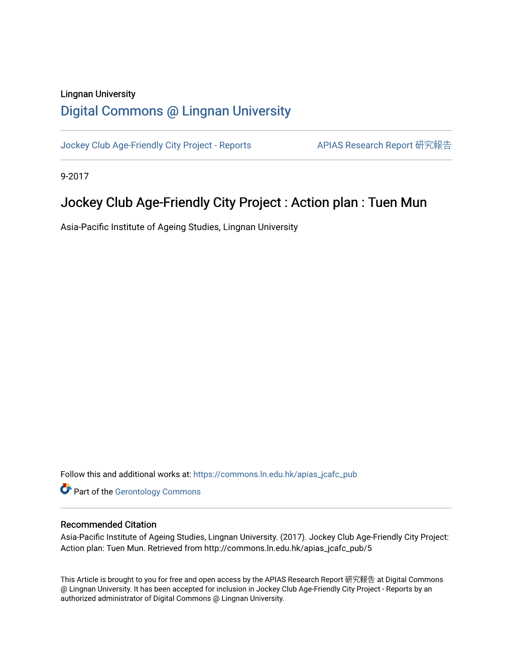 Jockey Club Age-Friendly City Project : Action Plan : Tuen Mun