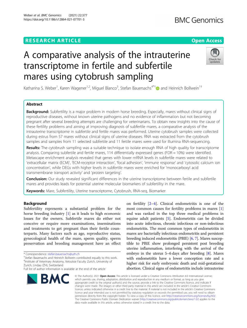 A Comparative Analysis of the Intrauterine Transcriptome in Fertile and Subfertile Mares Using Cytobrush Sampling Katharina S
