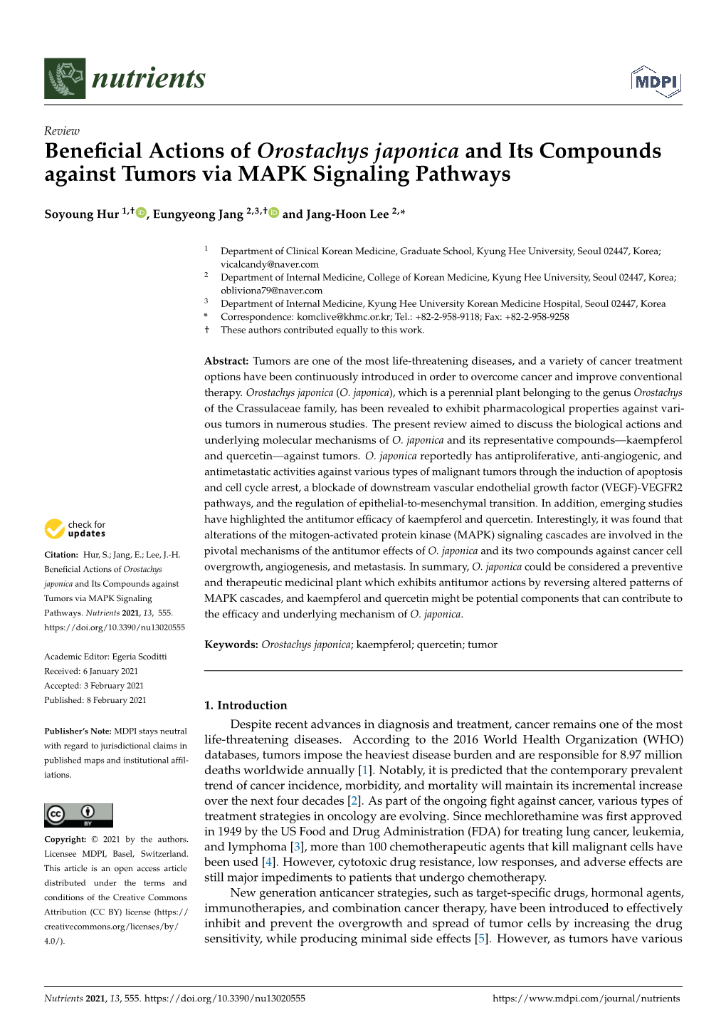 Beneficial Actions of Orostachys Japonica and Its Compounds Against Tumors Via MAPK Signaling Pathways