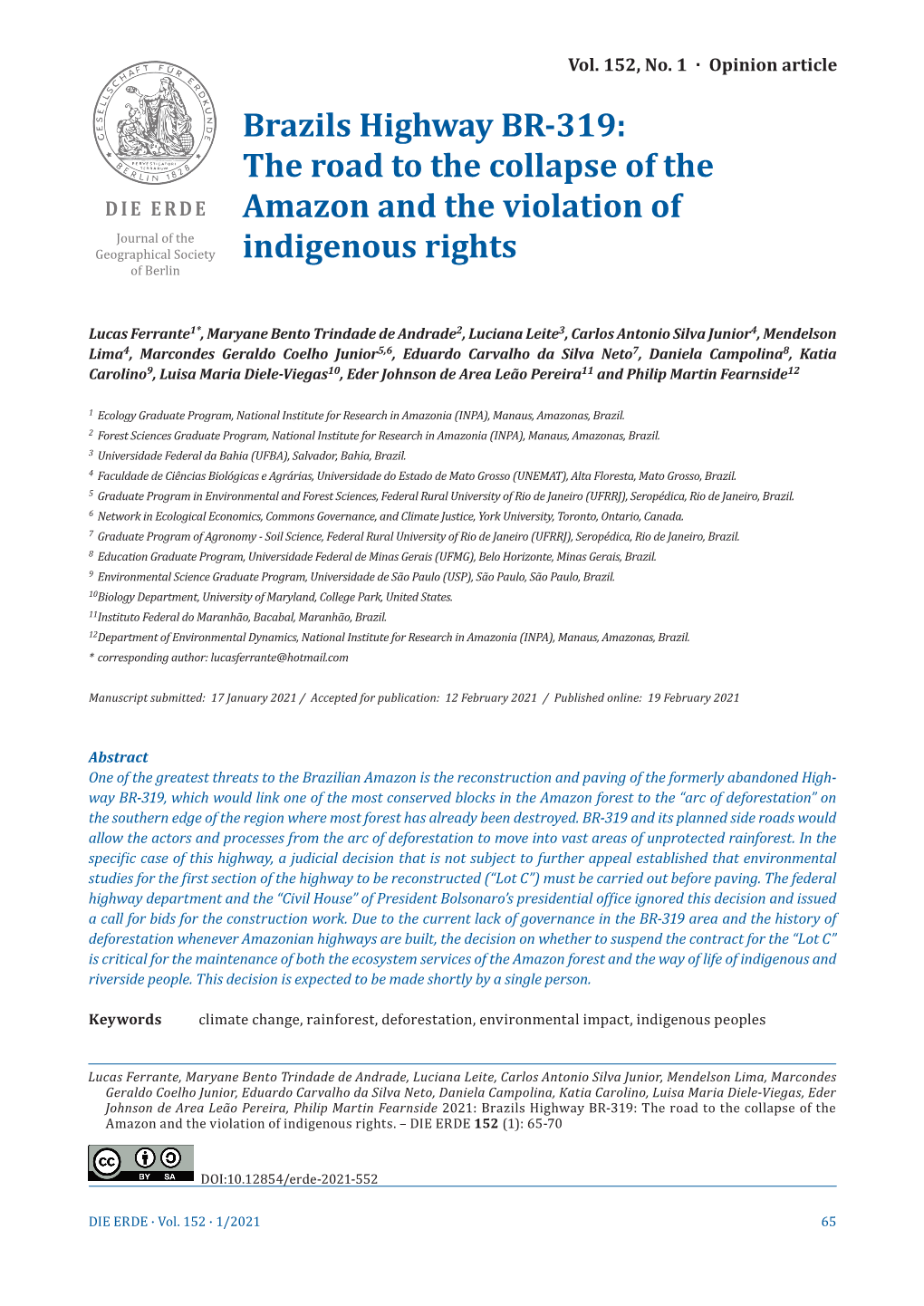 Brazils Highway BR-319: the Road to the Collapse of the DIE ERDE Amazon and the Violation of Journal of the Geographical Society Indigenous Rights of Berlin