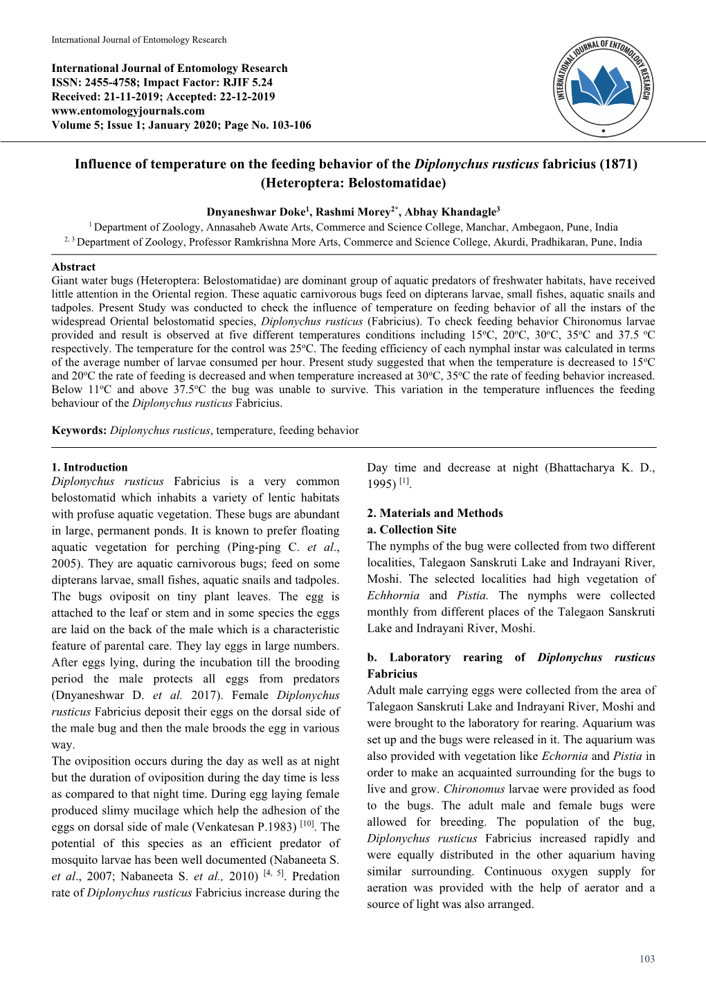 Influence of Temperature on the Feeding Behavior of the Diplonychus Rusticus Fabricius (1871) (Heteroptera: Belostomatidae)