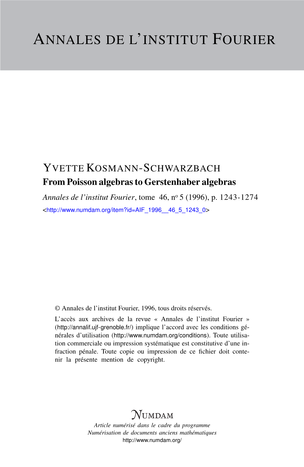 From Poisson Algebras to Gerstenhaber Algebras Annales De L’Institut Fourier, Tome 46, No 5 (1996), P