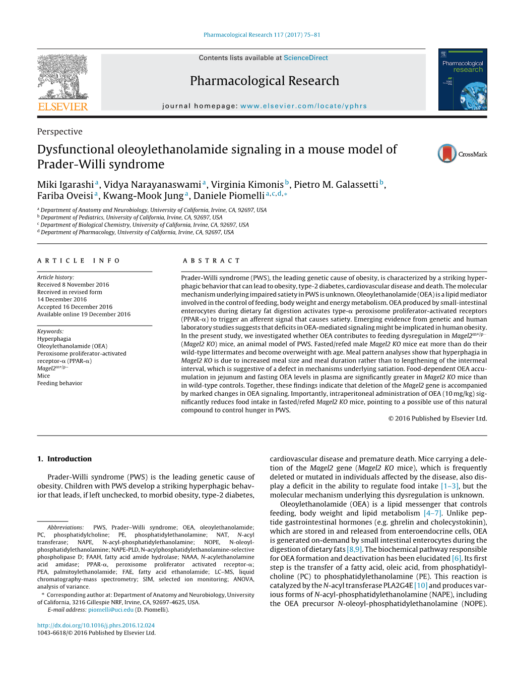 Dysfunctional Oleoylethanolamide Signaling in a Mouse Model Of