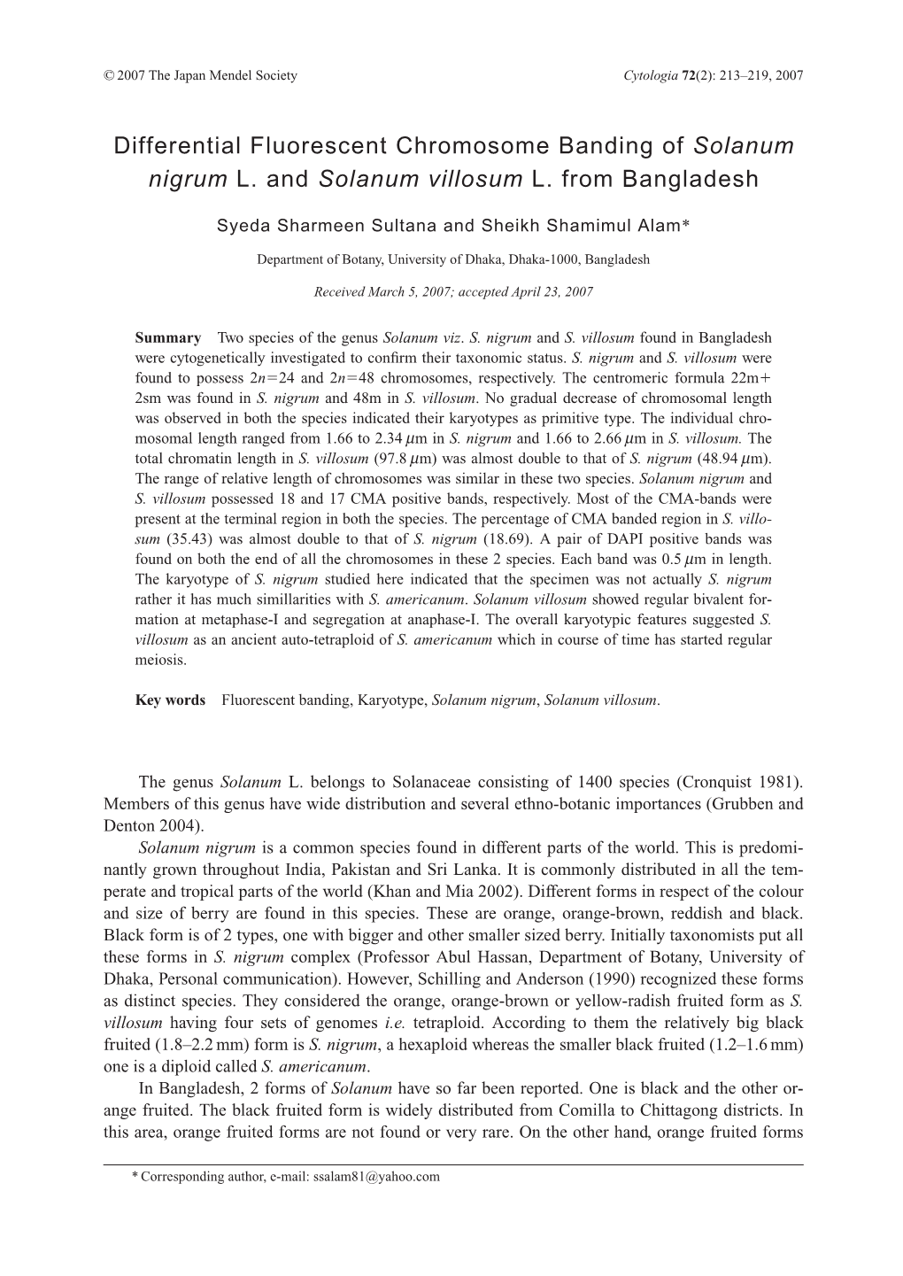 Differential Fluorescent Chromosome Banding of Solanum Nigrum L. and Solanum Villosum L