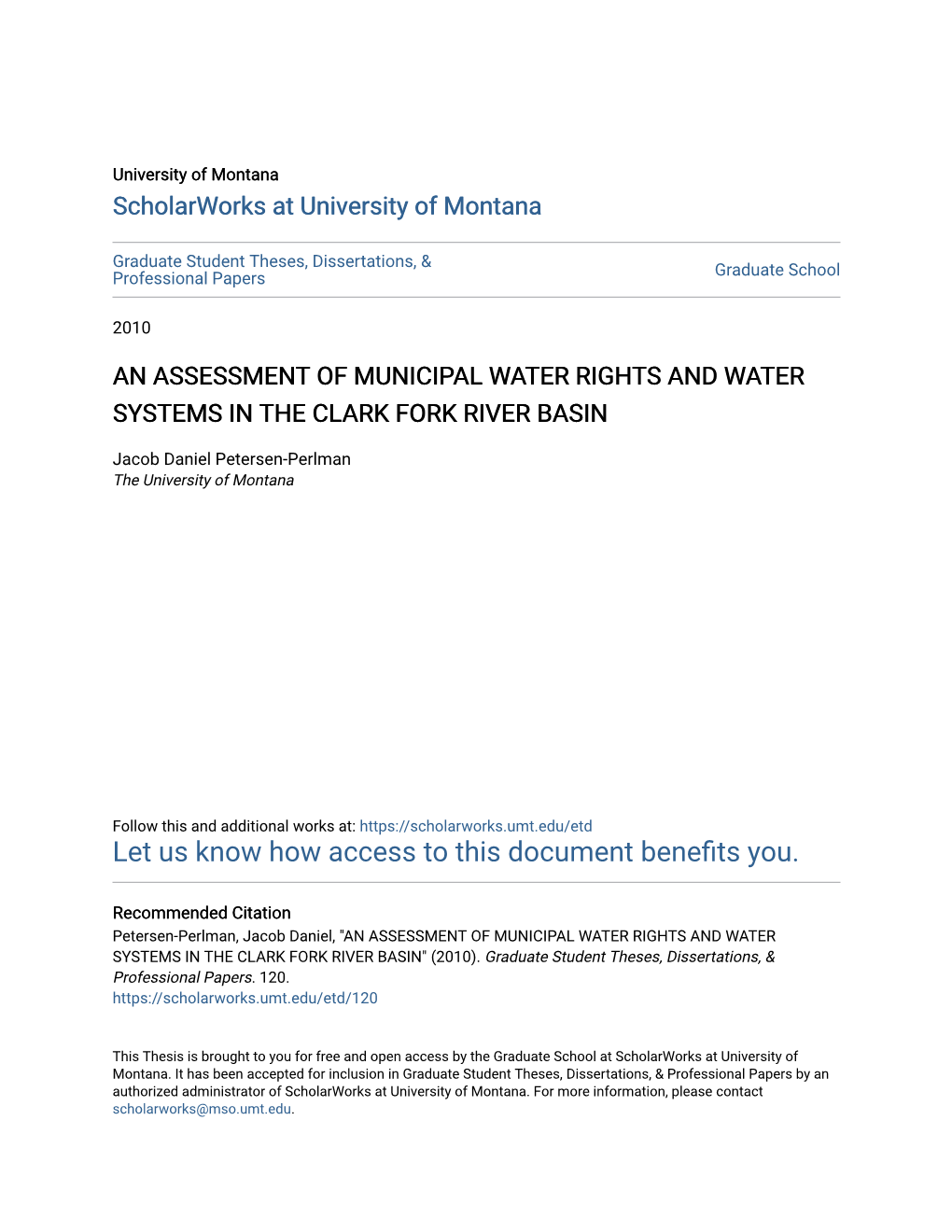 An Assessment of Municipal Water Rights and Water Systems in the Clark Fork River Basin