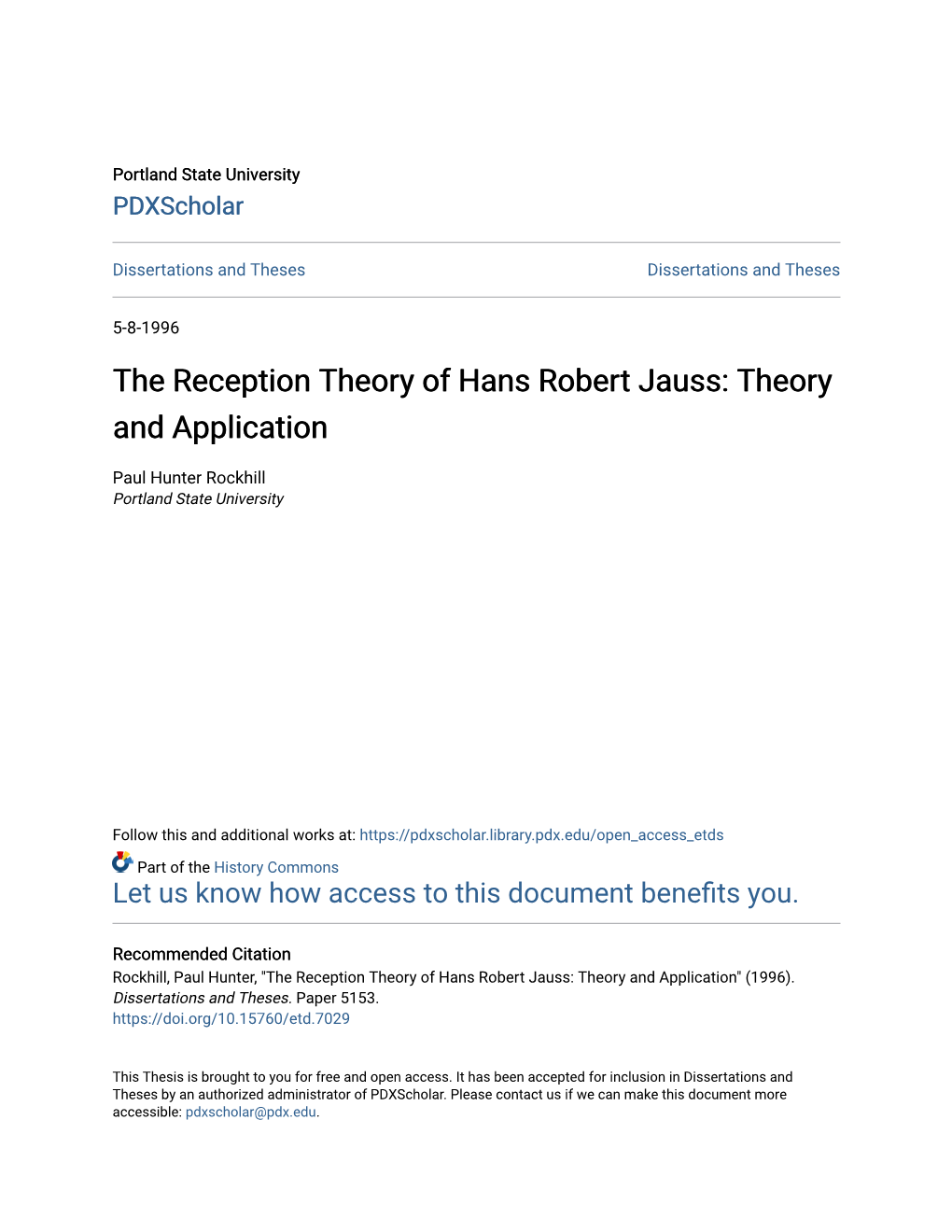 The Reception Theory of Hans Robert Jauss: Theory and Application