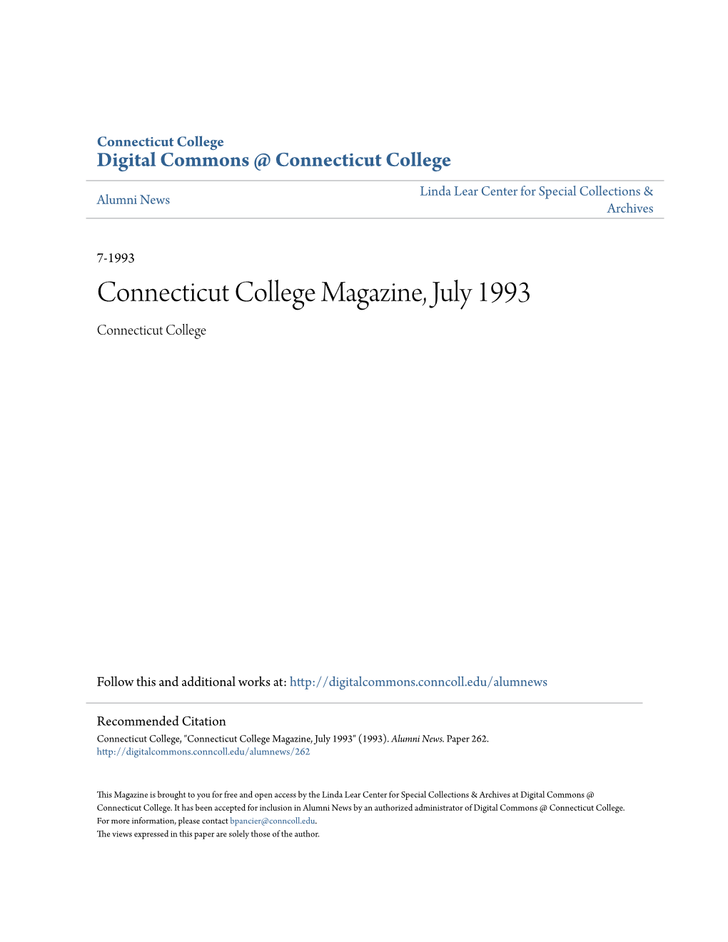 Connecticut College Magazine, July 1993 Connecticut College