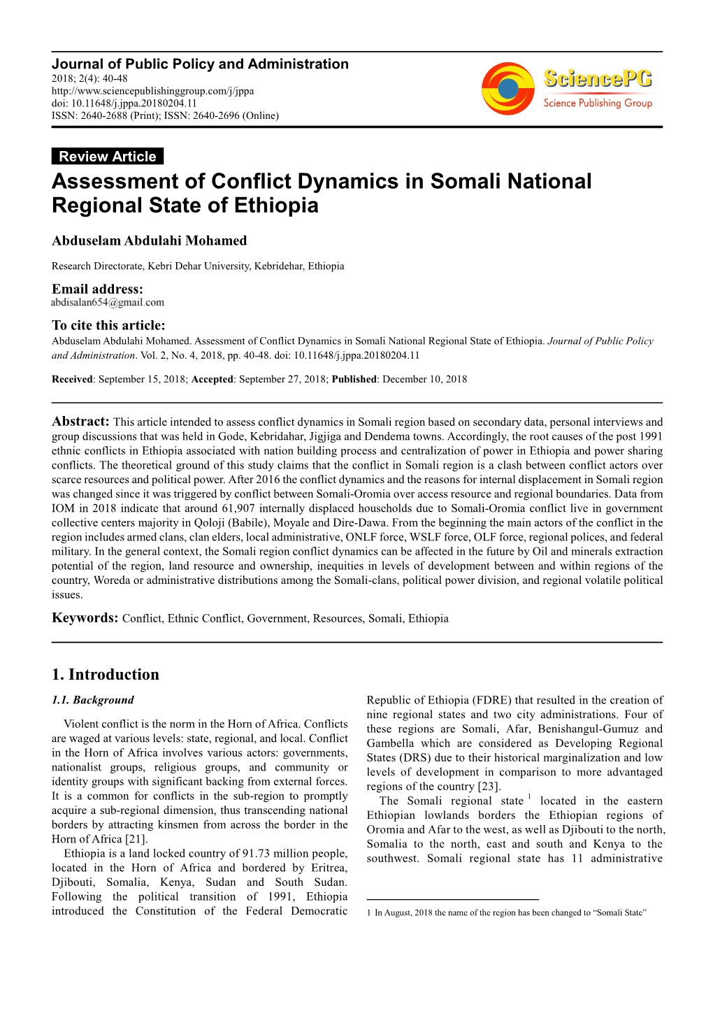 Assessment of Conflict Dynamics in Somali National Regional State of Ethiopia