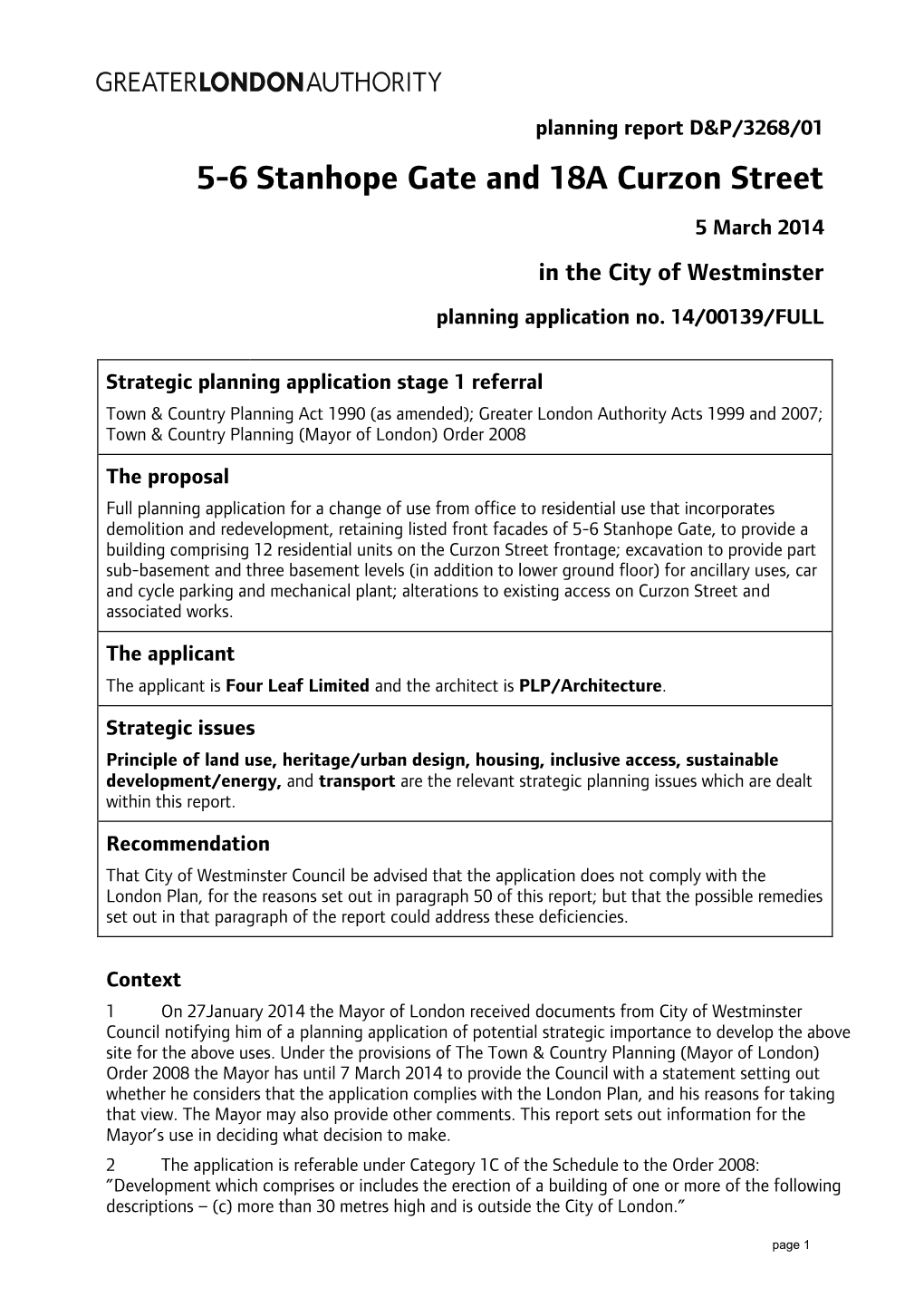 5-6 Stanhope Gate and 18A Curzon Street 5 March 2014 in the City of Westminster Planning Application No