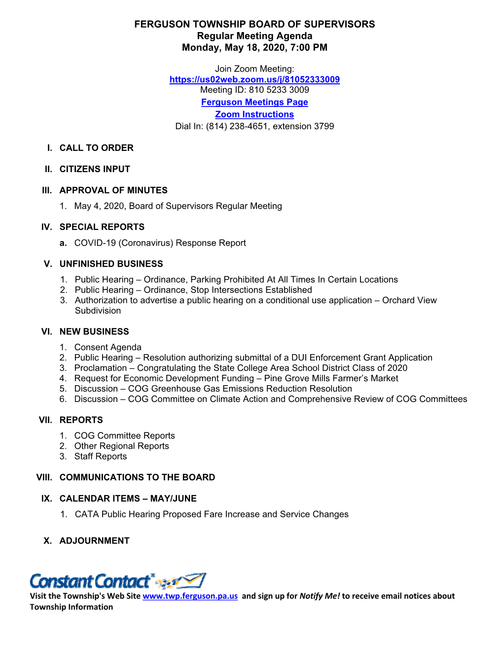 FERGUSON TOWNSHIP BOARD of SUPERVISORS Regular Meeting Agenda Monday, May 18, 2020, 7:00 PM