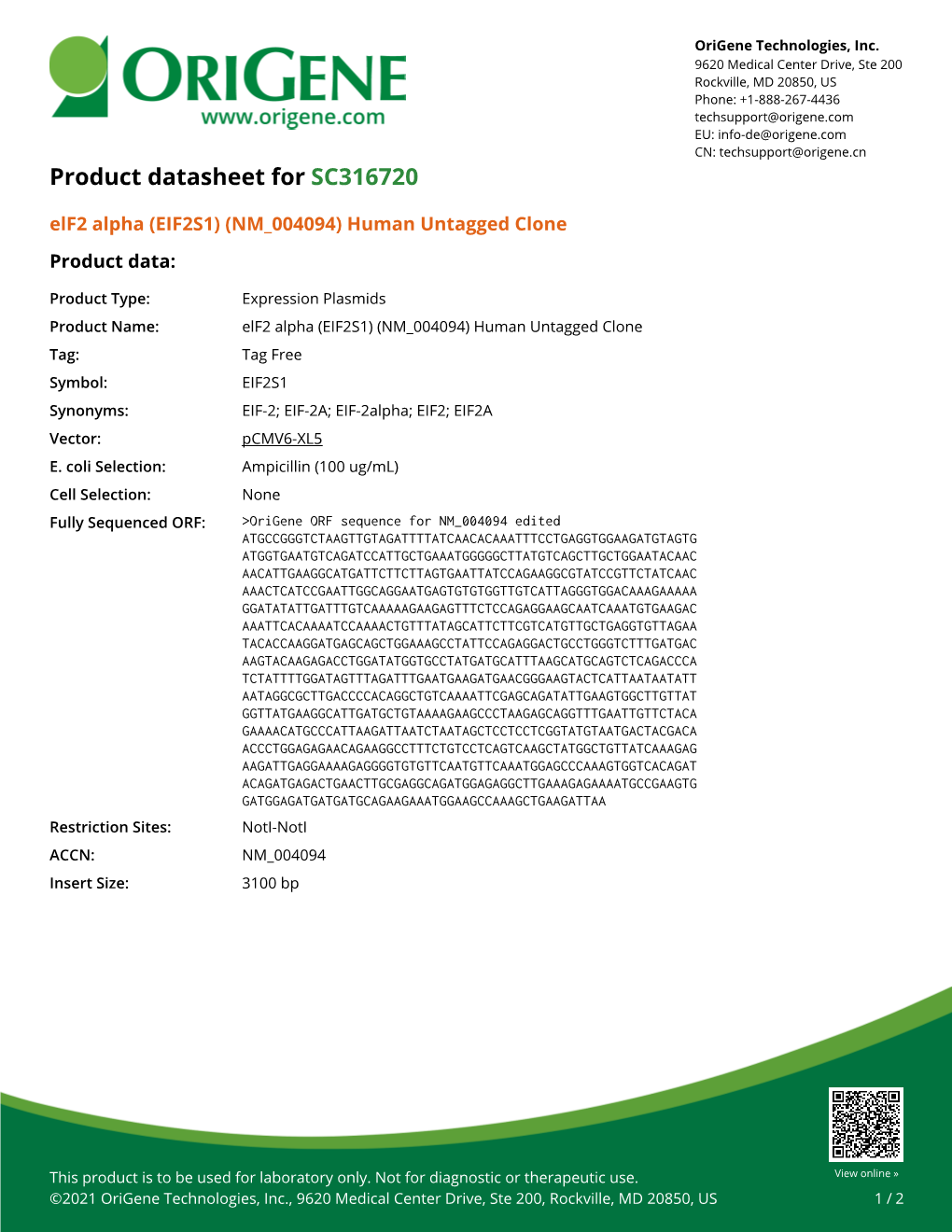 Elf2 Alpha (EIF2S1) (NM 004094) Human Untagged Clone Product Data