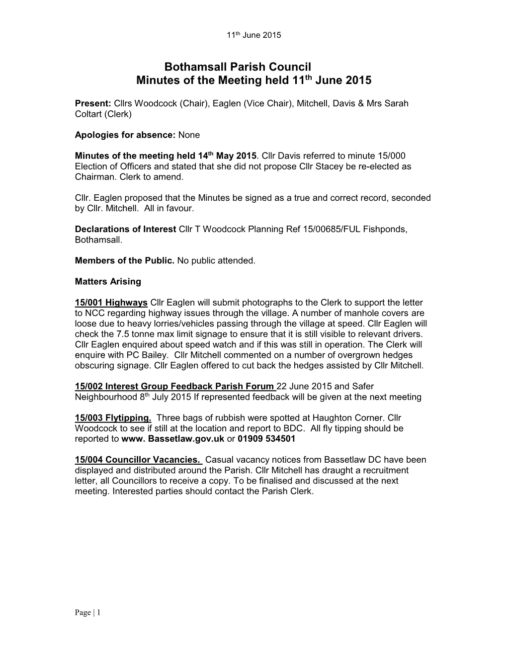 Bothamsall Parish Council Minutes of the Meeting Held 11Th June 2015