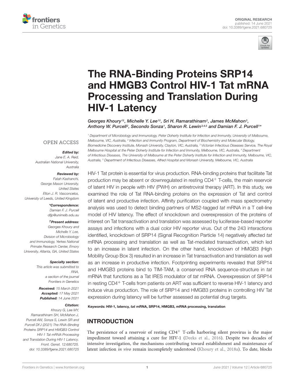 The RNA-Binding Proteins SRP14 and HMGB3 Control HIV-1 Tat Mrna Processing and Translation During HIV-1 Latency