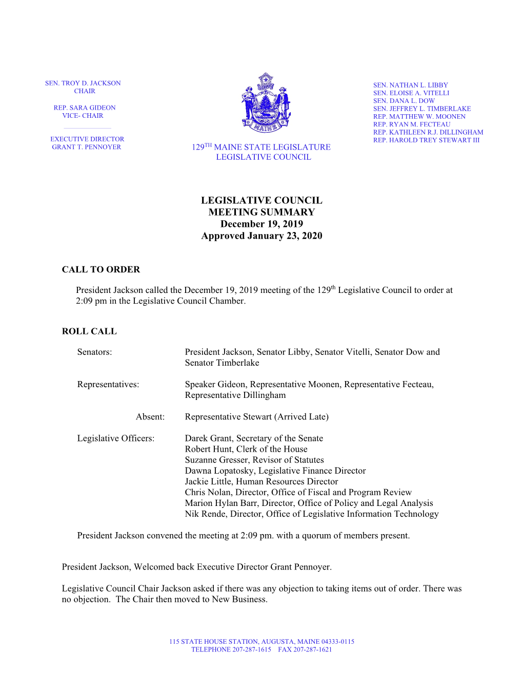 Legislative Council Meeting Summary 12-19-19