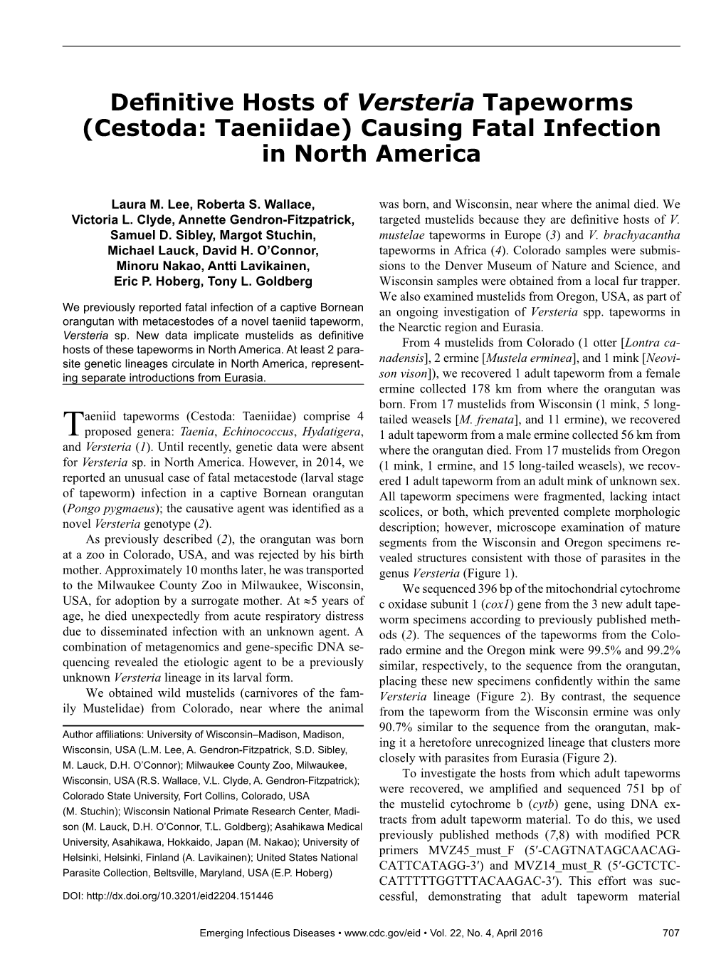 Definitive Hosts of Versteria Tapeworms (Cestoda: Taeniidae)