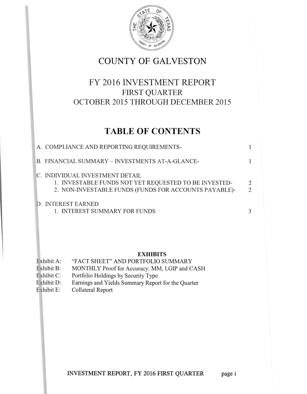 County of Galveston Fy 2016 Investment Report Table of Contents