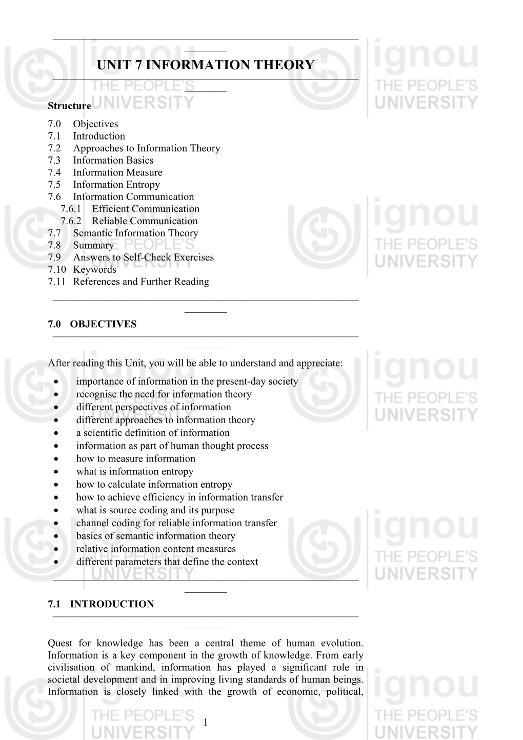 UNIT 7 INFORMATION THEORY ————————————————————————————— ———— Structure