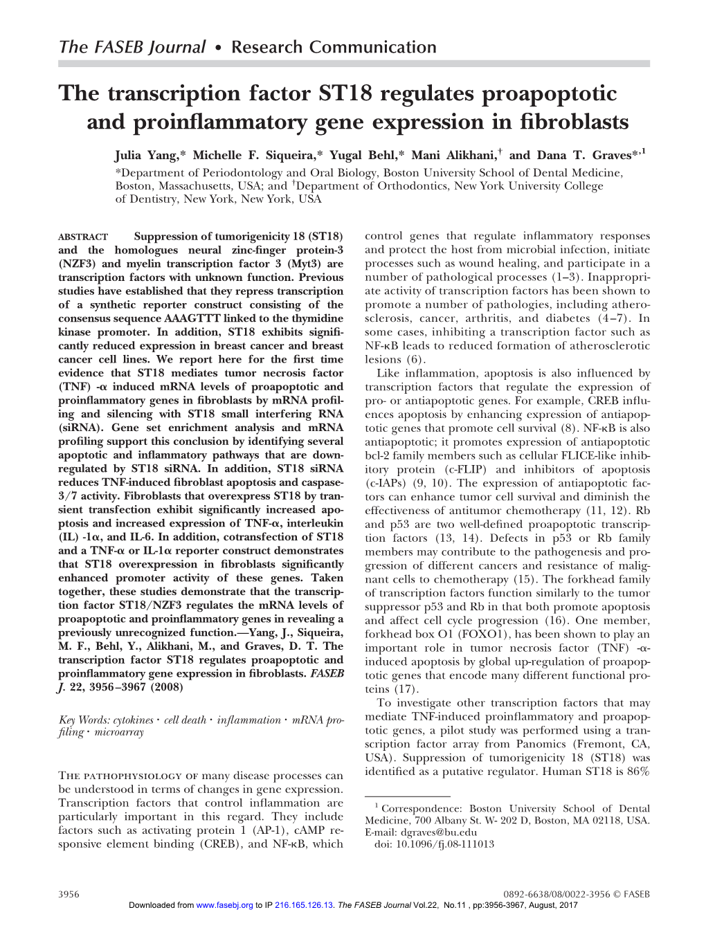 The Transcription Factor ST18 Regulates Proapoptotic and Proinﬂammatory Gene Expression in ﬁbroblasts