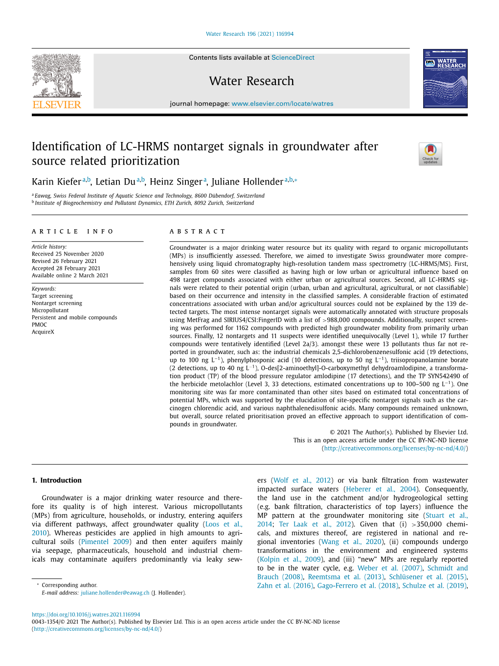 Identification of LC-HRMS Nontarget Signals in Groundwater After Source