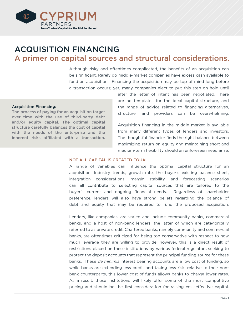 ACQUISITION FINANCING a Primer on Capital Sources and Structural Considerations