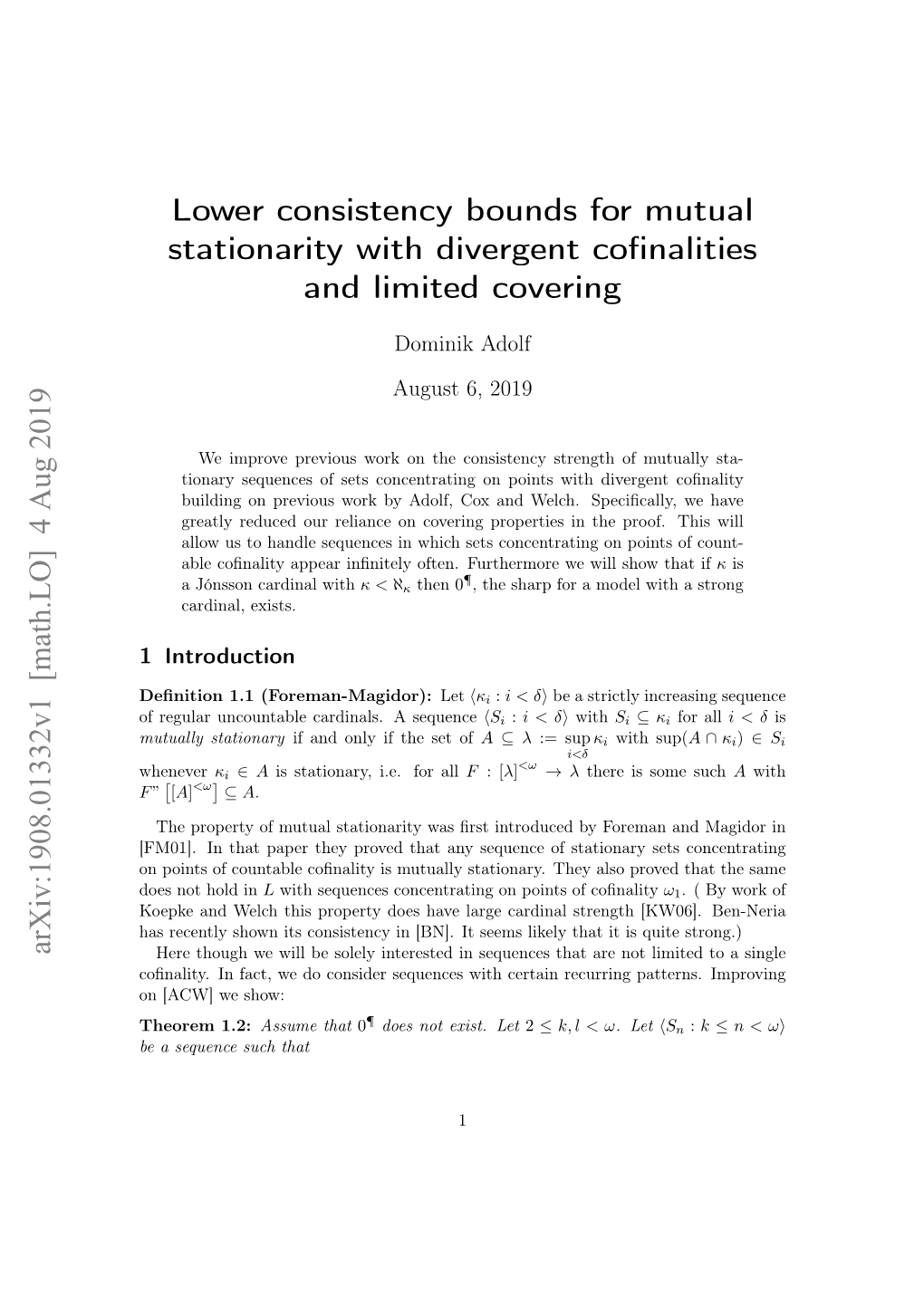 Lower Consistency Bounds for Mutual Stationarity with Divergent Cofinalities and Limited Covering Arxiv:1908.01332V1 [Math.LO]