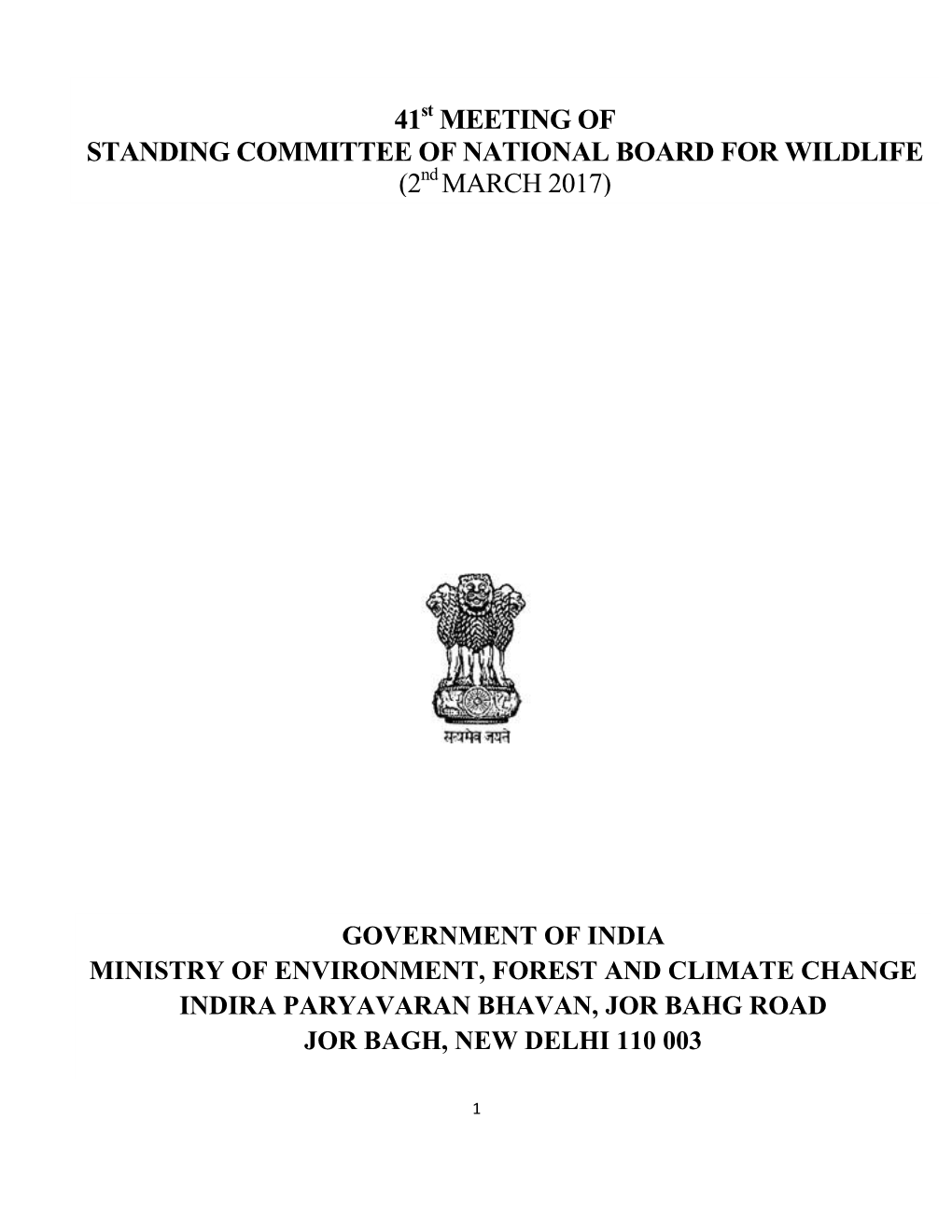 MEETING of STANDING COMMITTEE of NATIONAL BOARD for WILDLIFE (2Nd MARCH 2017)