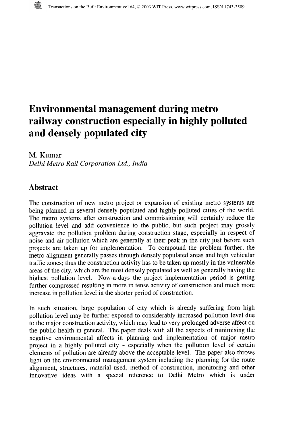 Environmental Management During Metro Railway Construction Especially in Highly Polluted and Densely Populated City
