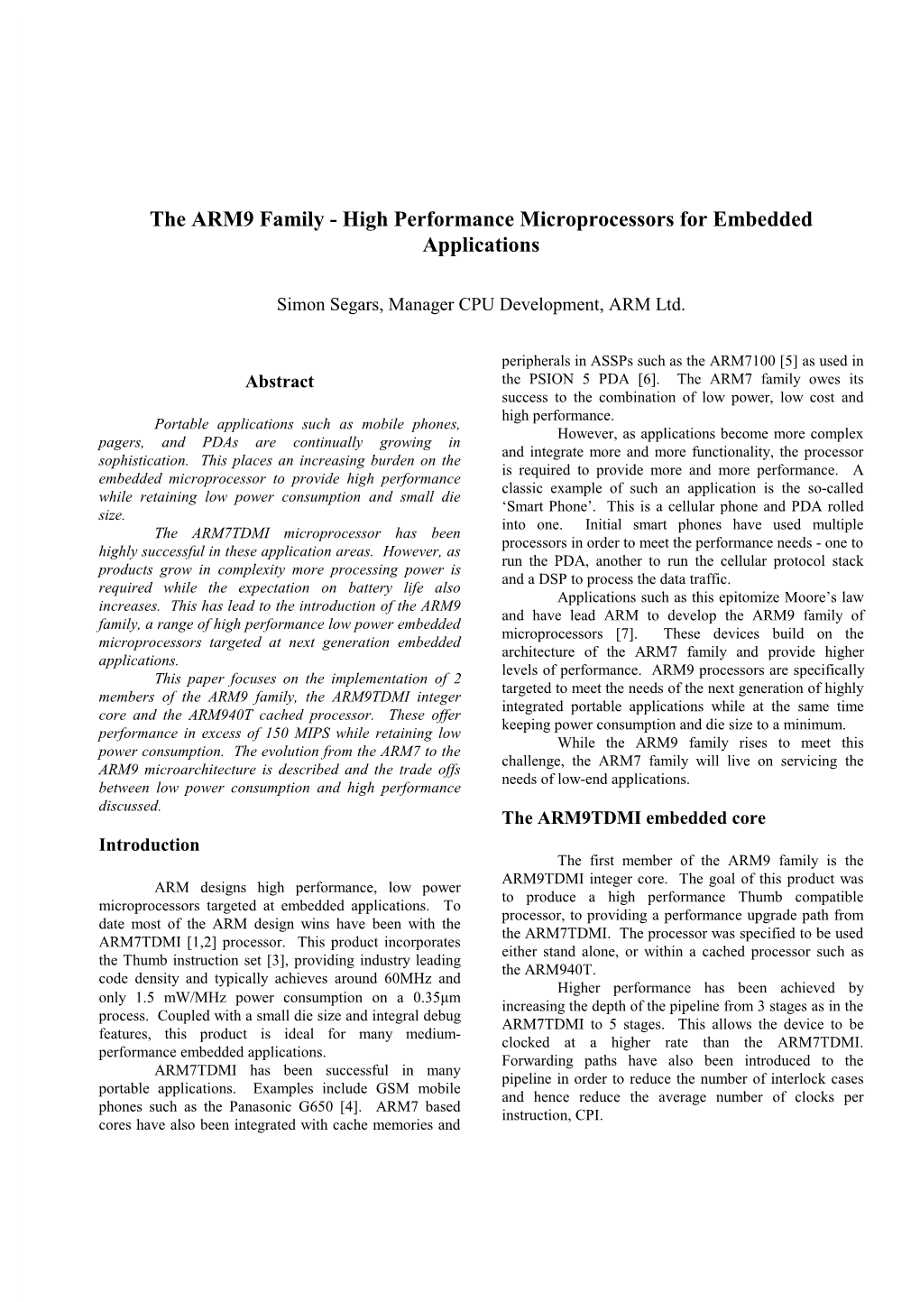 The ARM9 Family - High Performance Microprocessors for Embedded Applications