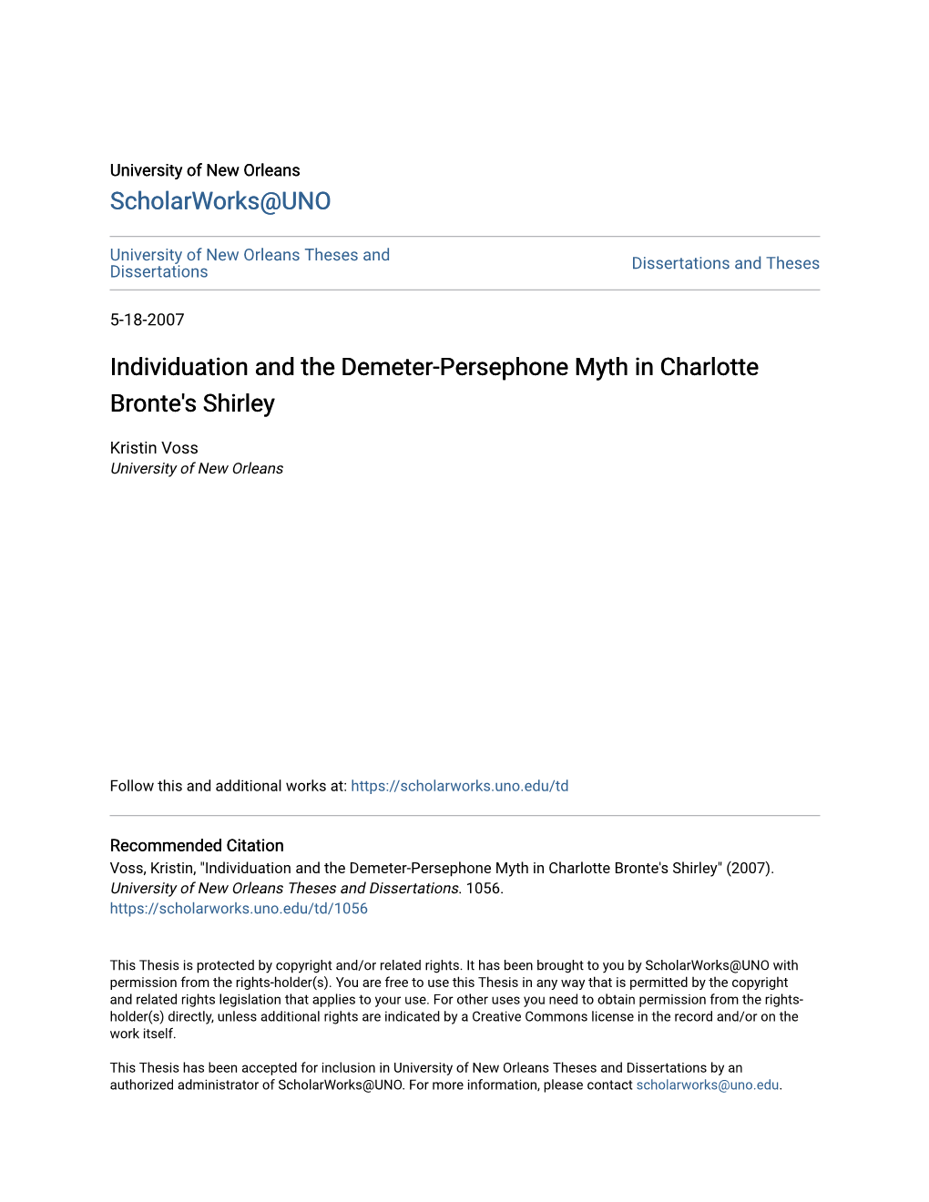 Individuation and the Demeter-Persephone Myth in Charlotte Bronte's Shirley