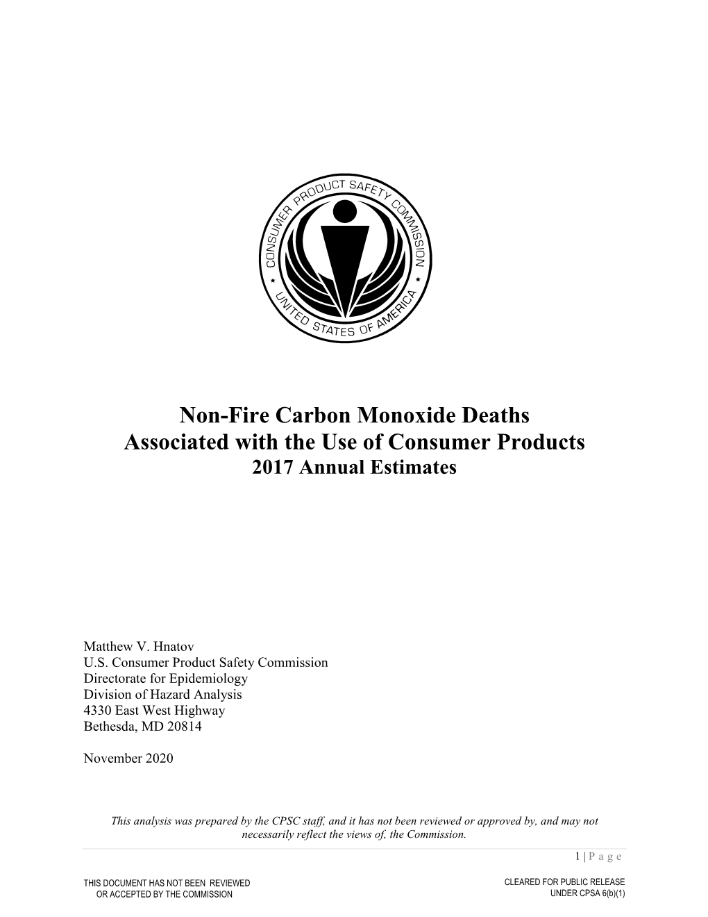 Non-Fire Carbon Monoxide Deaths Associated with the Use of Consumer Products 2017 Annual Estimates