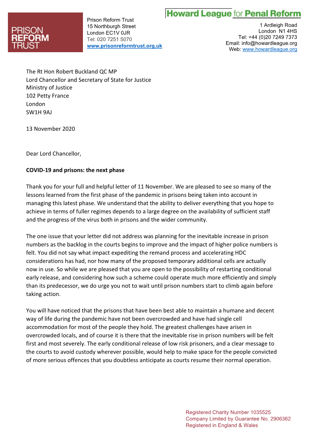Our Letter to the Secretary of State for Justice, Robert Buckland