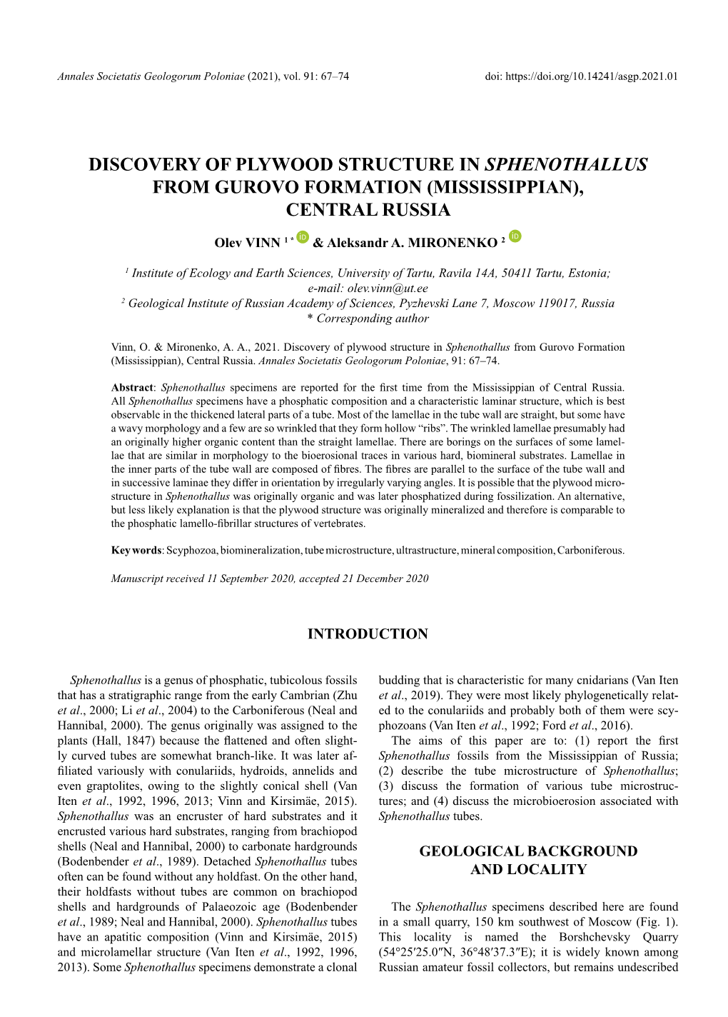 Discovery of Plywood Structure in Sphenothallus from Gurovo Formation (Mississippian), Central Russia