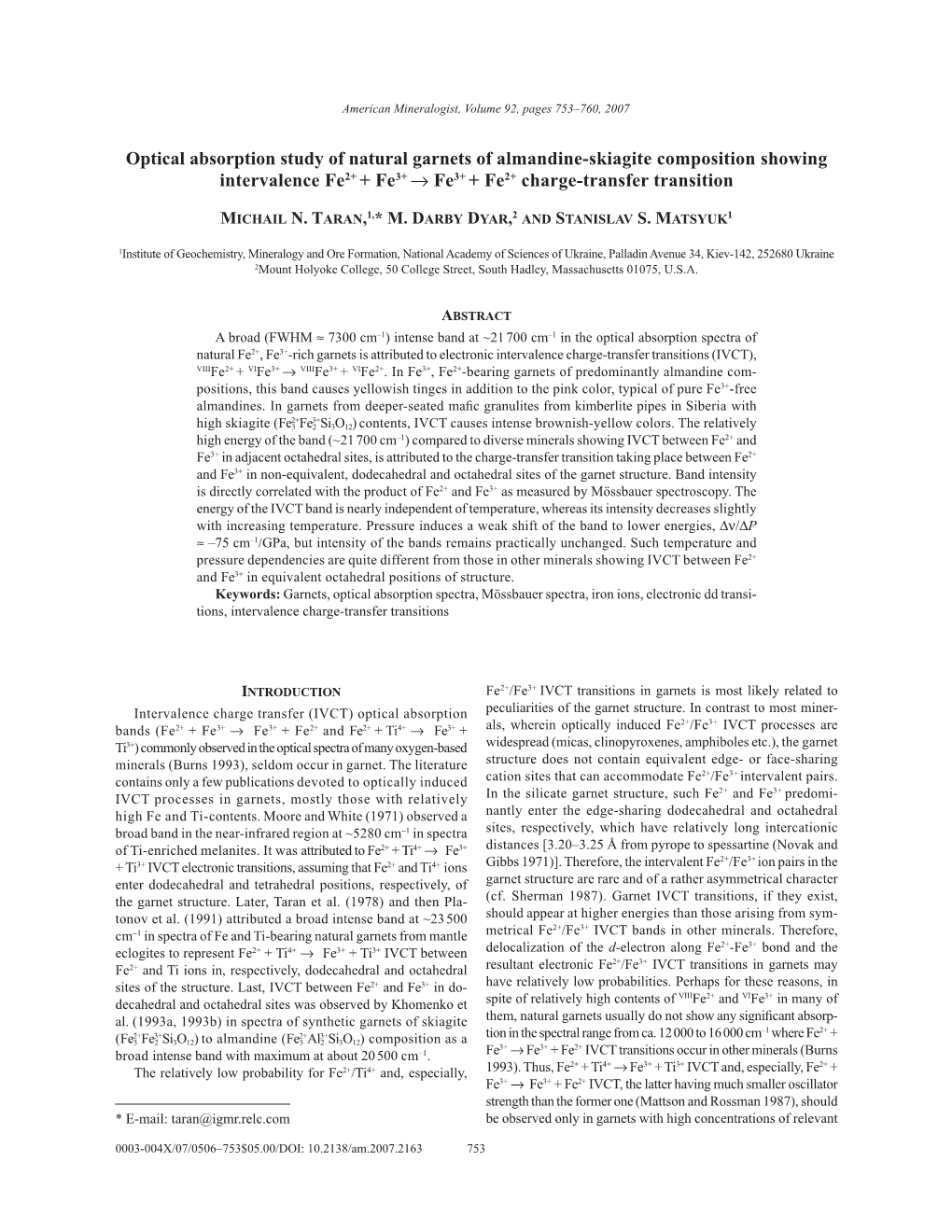 Optical Absorption Study of Natural Garnets of Almandine-Skiagite Composition Showing Intervalence Fe2+ + Fe3+ → Fe3+ + Fe2+ Charge-Transfer Transition