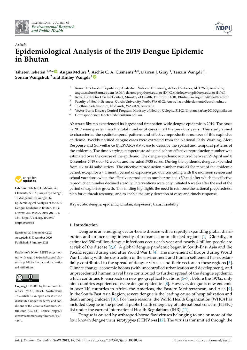 Epidemiological Analysis of the 2019 Dengue Epidemic in Bhutan