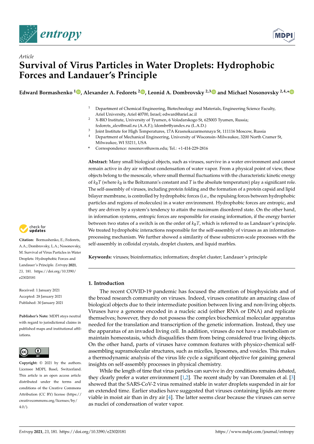 Survival of Virus Particles in Water Droplets: Hydrophobic Forces and Landauer’S Principle
