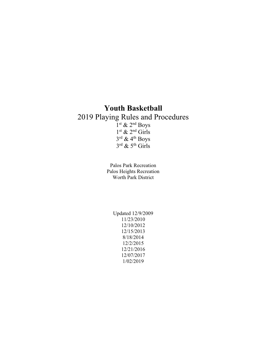 Youth Basketball 2019 Playing Rules and Procedures 1St & 2Nd Boys 1St & 2Nd Girls 3Rd & 4Th Boys 3Rd & 5Th Girls