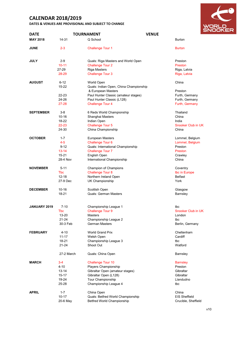 Calendar 2018/2019 Dates & Venues Are Provisional and Subject to Change