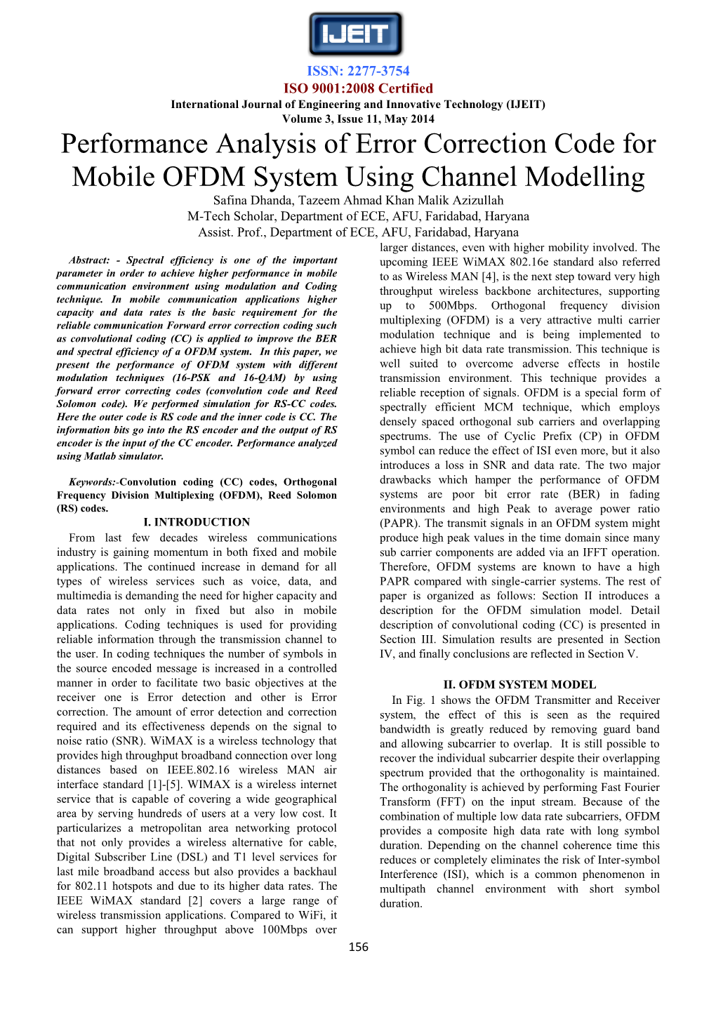 Performance Analysis of Error Correction Code for Mobile OFDM